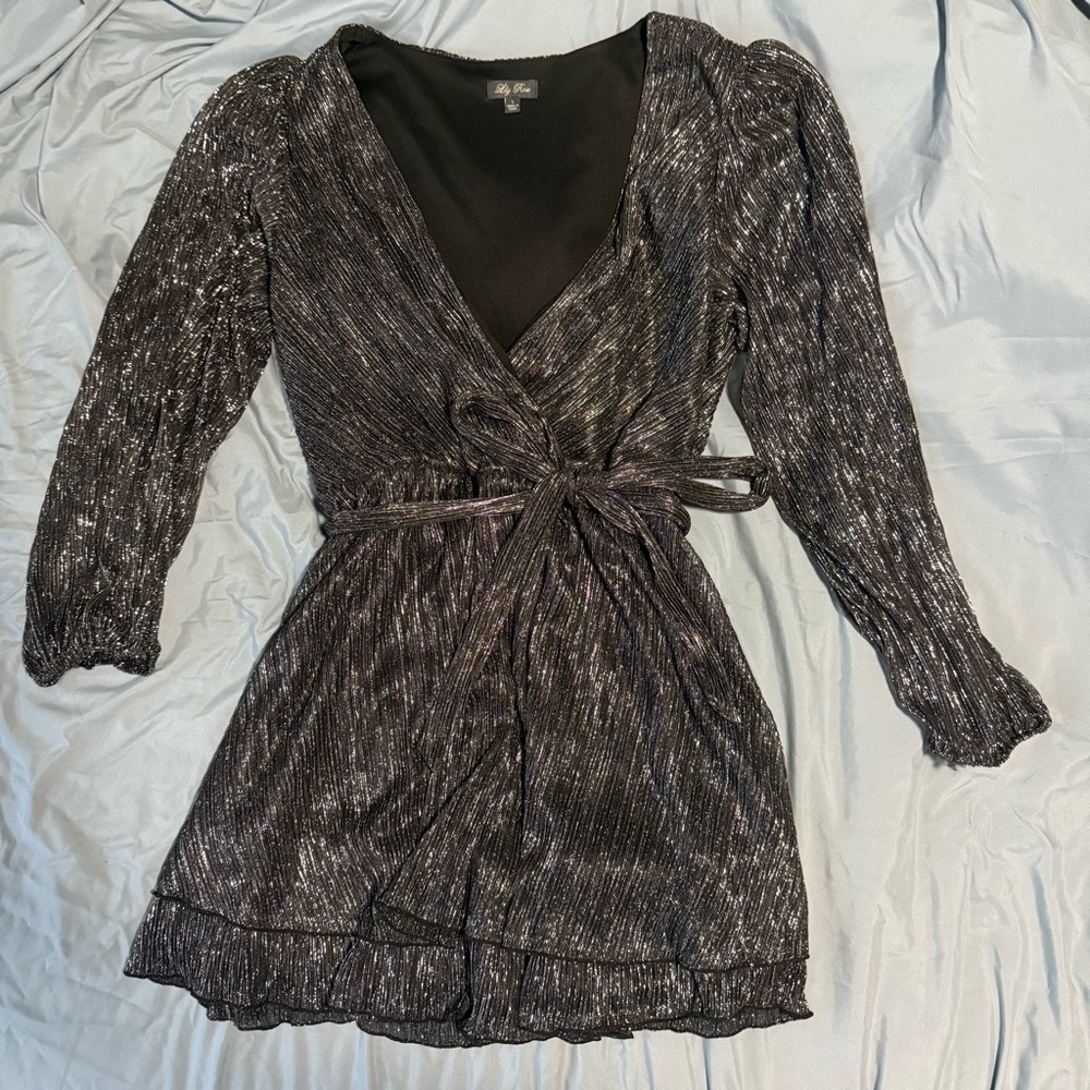 Lily Rose Shimmering Black Long Sleeve Dress